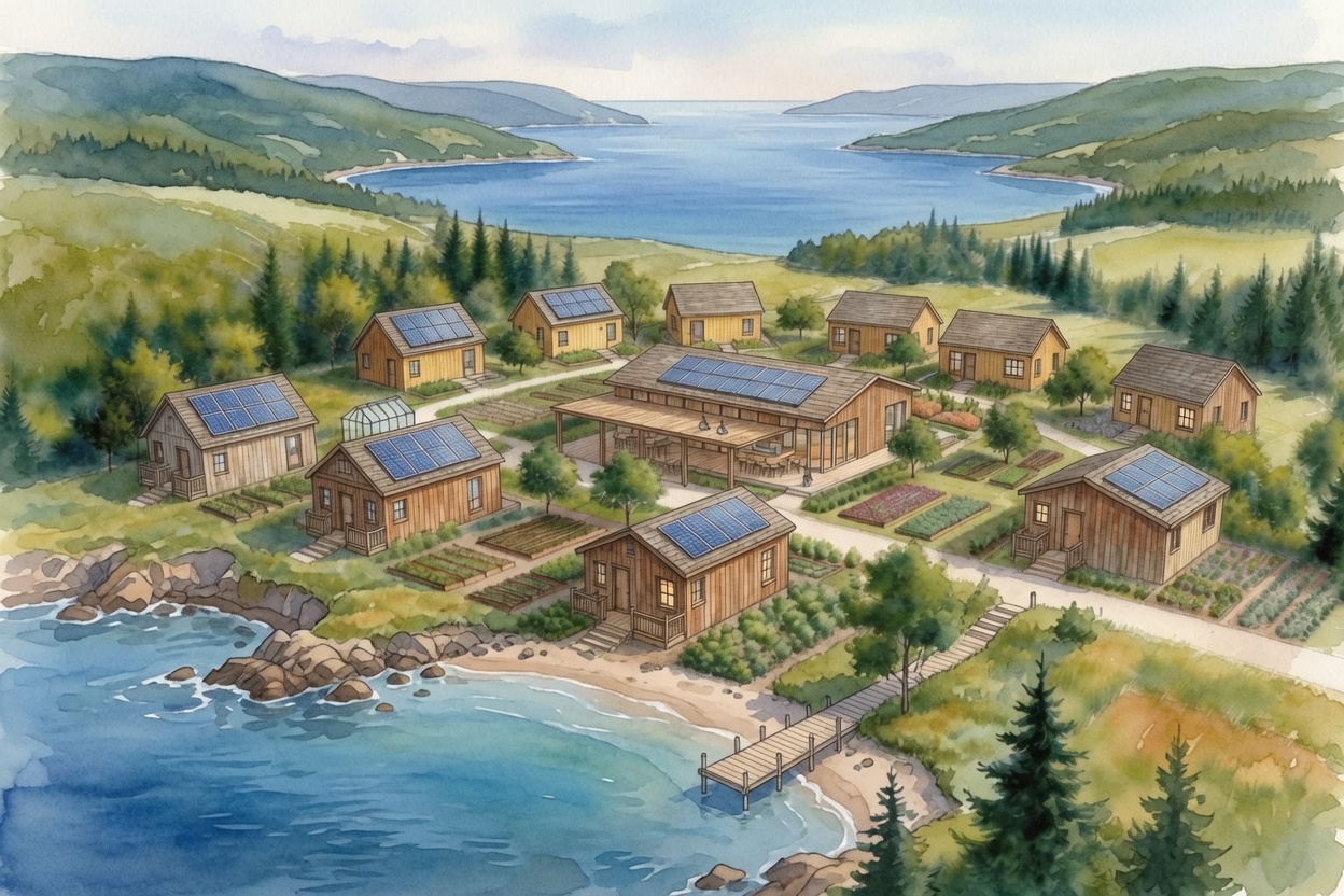 Watercolour concept of a coastal cottage community