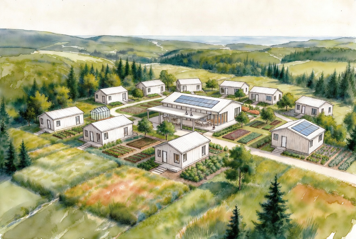 Watercolour concept of cottages, gardens, and a common house