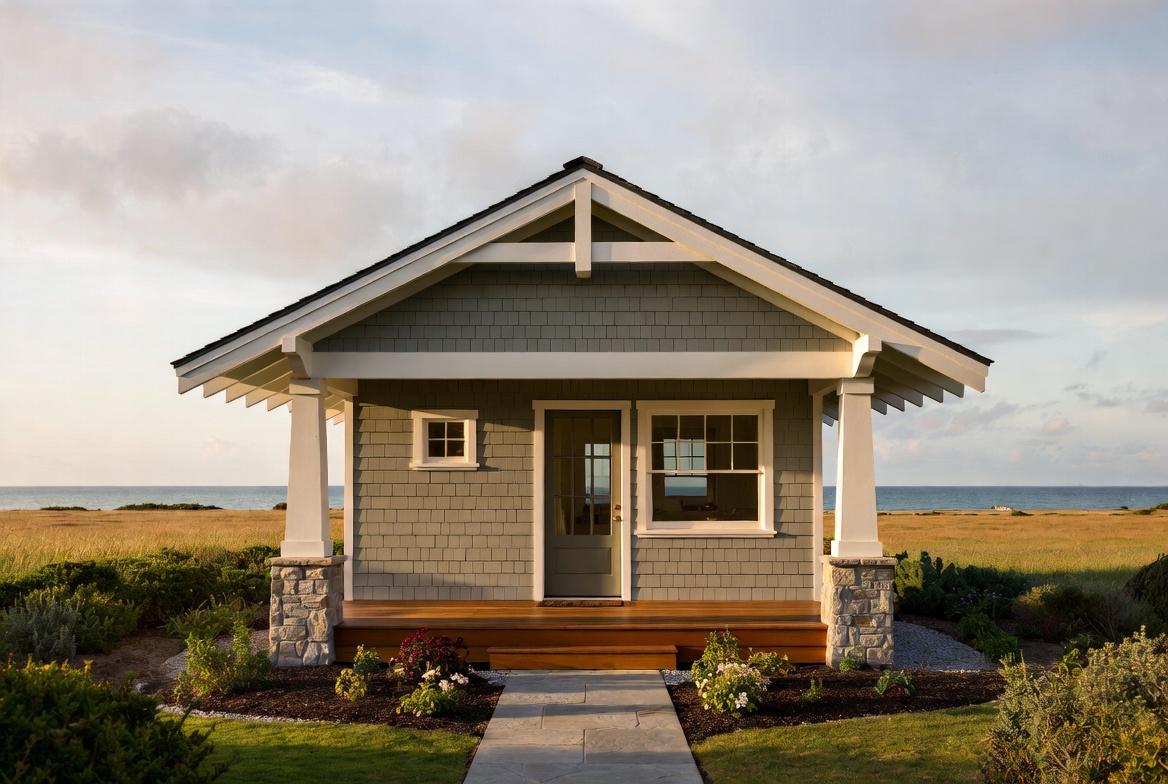 Small gray cottage facing the coast