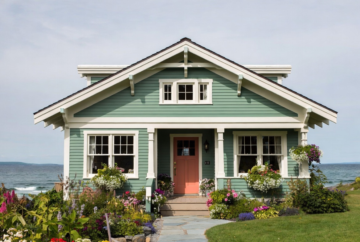 Green coastal cottage with a flower garden