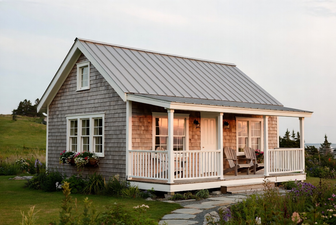 Small cedar cottage with a covered porch and garden