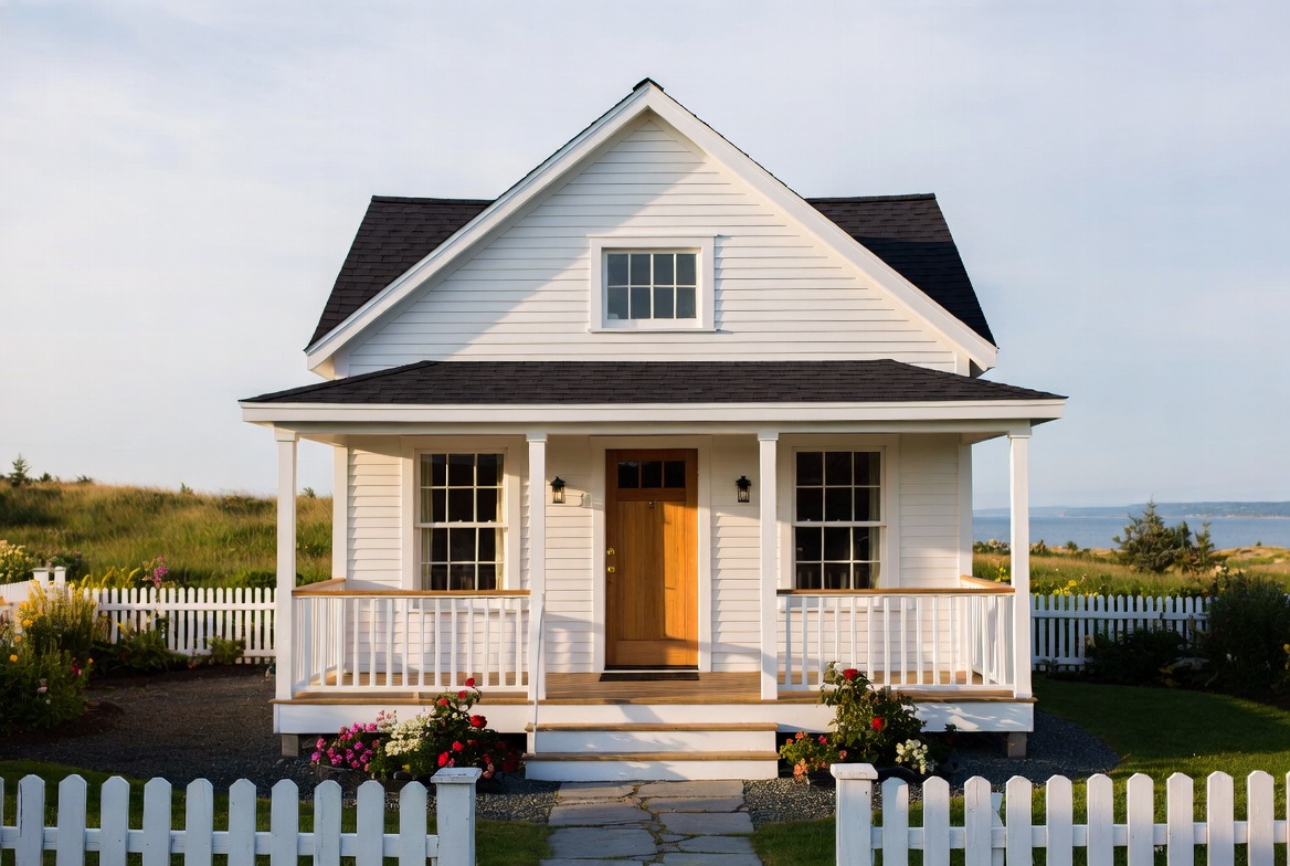 White cottage with a covered porch near the coast